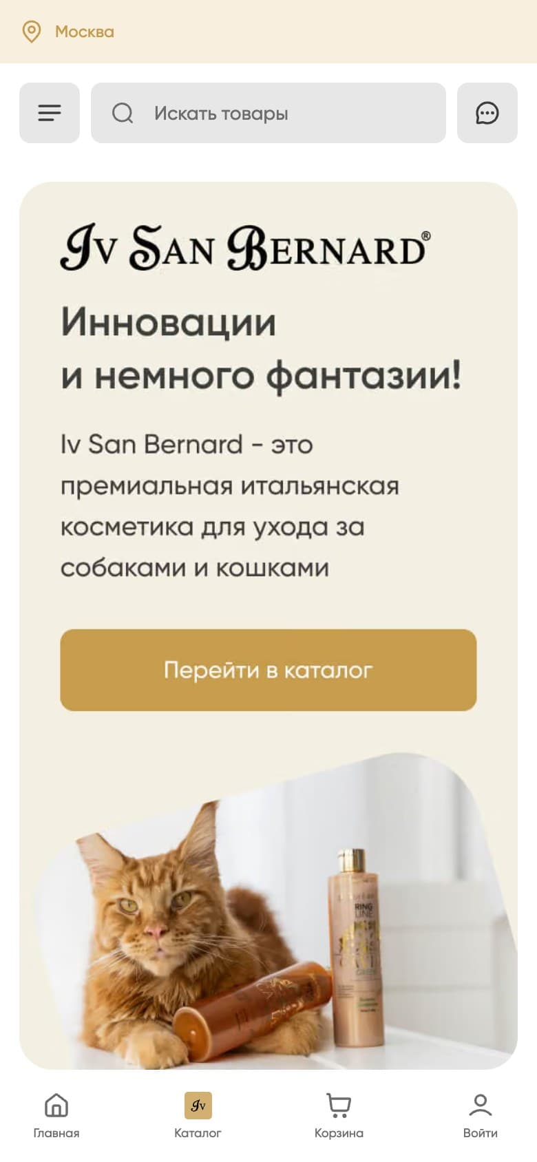 Mobile home page with a link to the catalog and the main sections in the bottom navigation bar