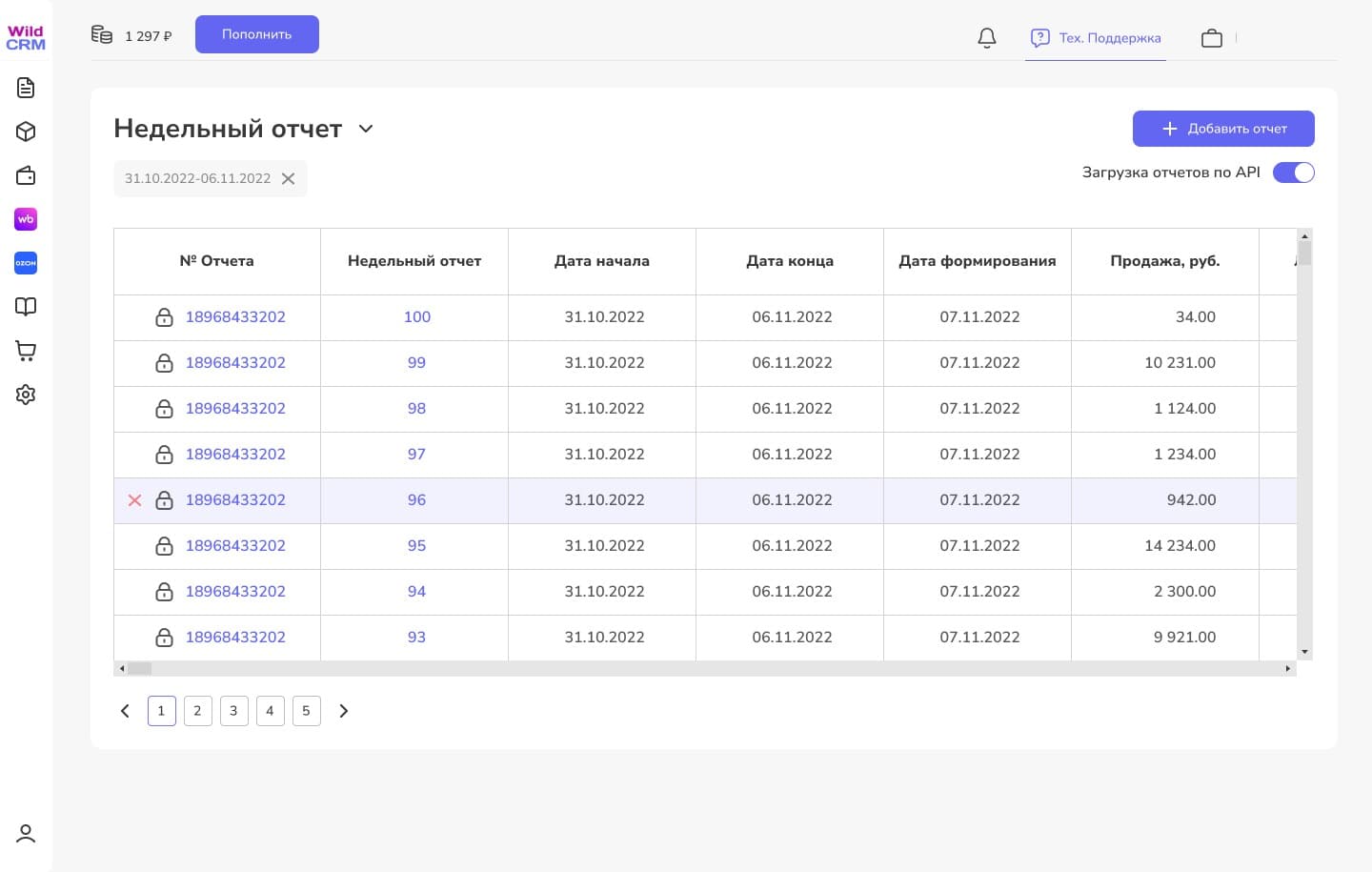 Weekly reports with periods and sales totals, for picking the right records and comparing data