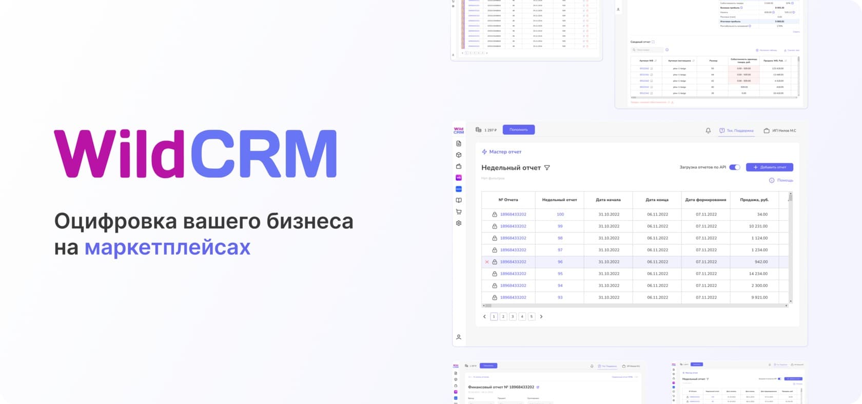 WildCRM presentation banner: the name, the tagline “Digitizing your marketplace business” and a composition of reporting screens.