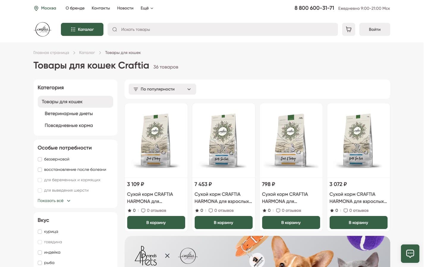 Cat products: filters on the left, sorting and cards with prices on the right